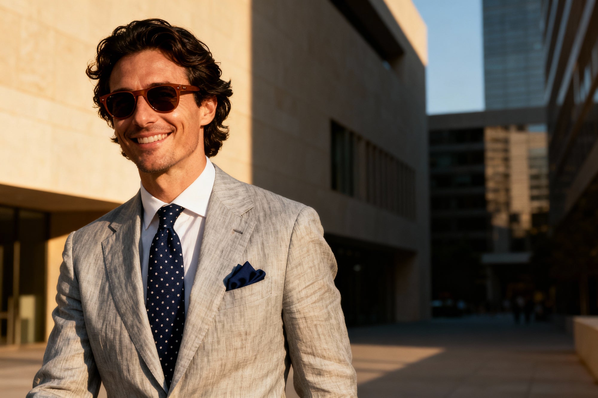 grey suit with navy tie and navy pocket square