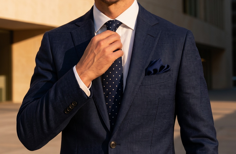 A man wearing a navy blue textured suit, white dress shirt, and a navy polka-dot tie, standing outdoors in front of a beige stone building.