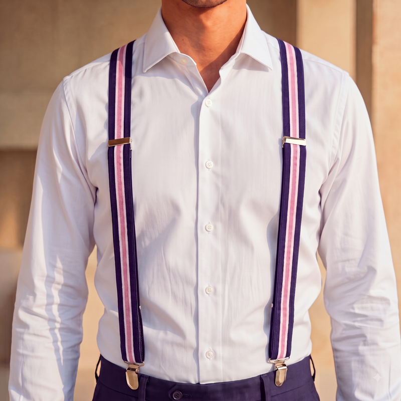 A man wearing a white long-sleeve dress shirt with dark purple suspenders featuring pink stripes and gold-tone metal clips, paired with navy trousers.