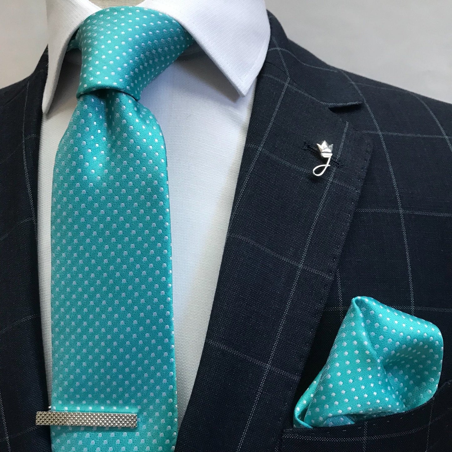 Aqua/White Luxury Mini Spotted Weave Neck Tie