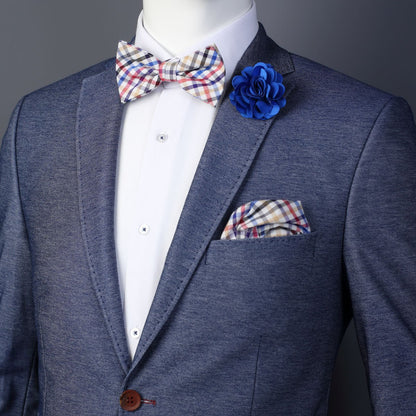 Multicoloured Mini Check Pocket Square, Flower and Bow Tie Combo Set