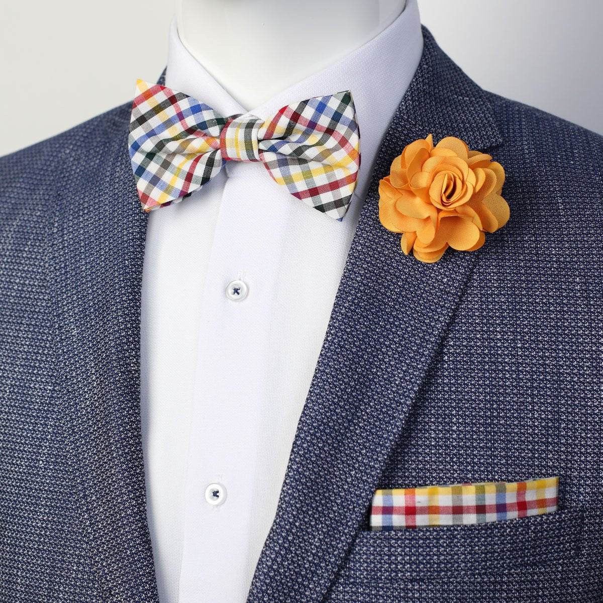 Multicoloured Mini Check Pocket Square, Flower and Bow Tie Combo Set