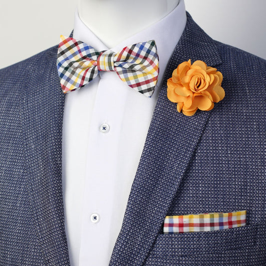 Multicoloured Mini Check Pocket Square, Flower and Bow Tie Combo Set