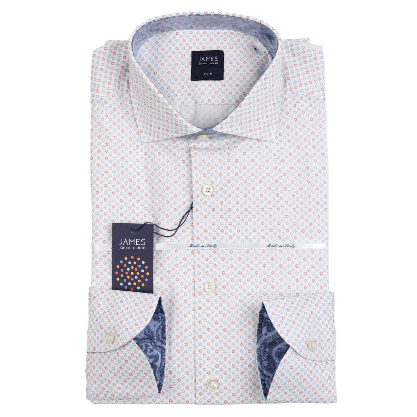 White/Red/Blue Mens Geometric Italian Long Sleeve Shirt