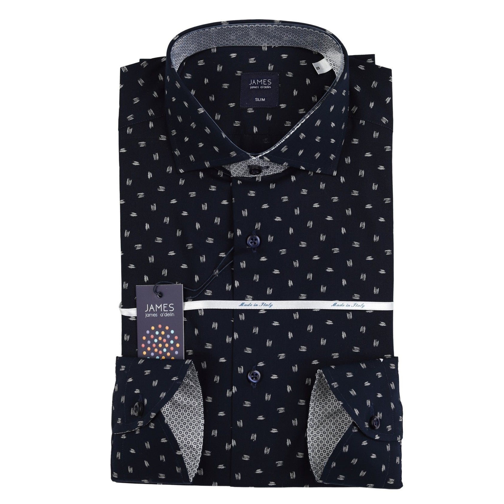 mens long sleeve navy shirt with white geometric print and contrast printed cuffs