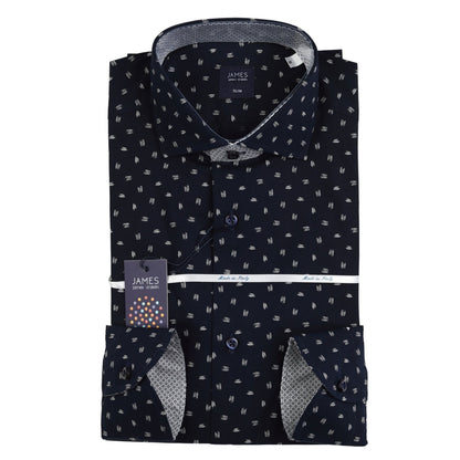 mens long sleeve navy shirt with white geometric print and contrast printed cuffs