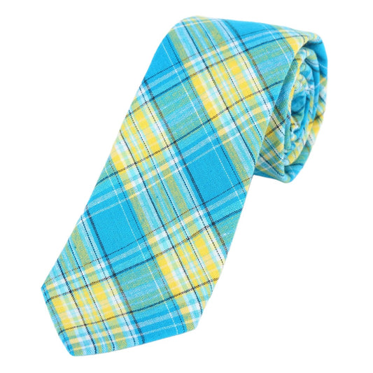 Turquoise/Gold Luxury Mens Cotton Check Neck Tie