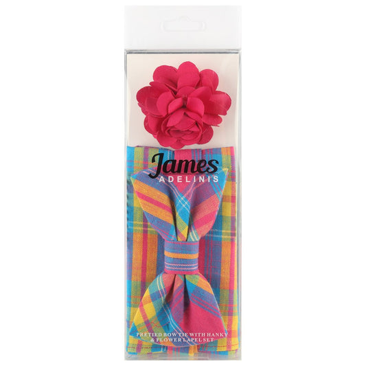 Multicoloured Check Pocket Square, Flower and Bow Tie Combo Set
