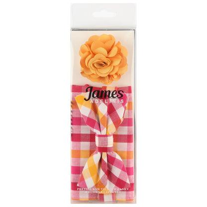 Magenta/Gold/White Check Pocket Square, Flower and Bow Tie Combo Set