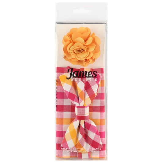 Magenta/Gold/White Check Pocket Square, Flower and Bow Tie Combo Set