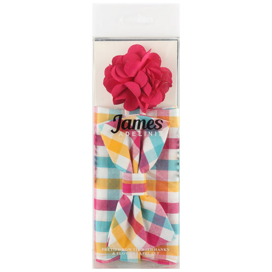 Multicoloured Check Pocket Square, Flower and Bow Tie Combo Set