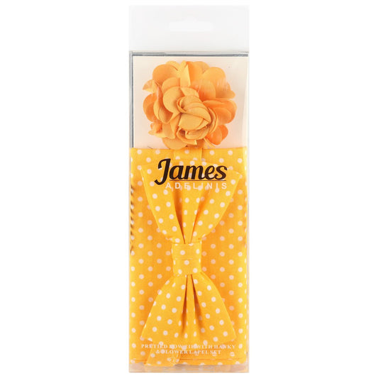 Gold/White Polka Dot Pocket Square, Flower and Bow Tie Combo Set
