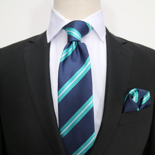 Navy/Aqua/White Luxury Regimental Striped Weave Neck Tie