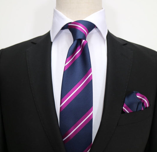 Navy/Magenta/White Luxury Regimental Striped Weave Neck Tie