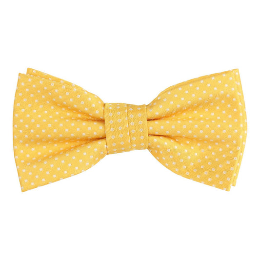 a golden yellow woven bow tie with a white spotted design
