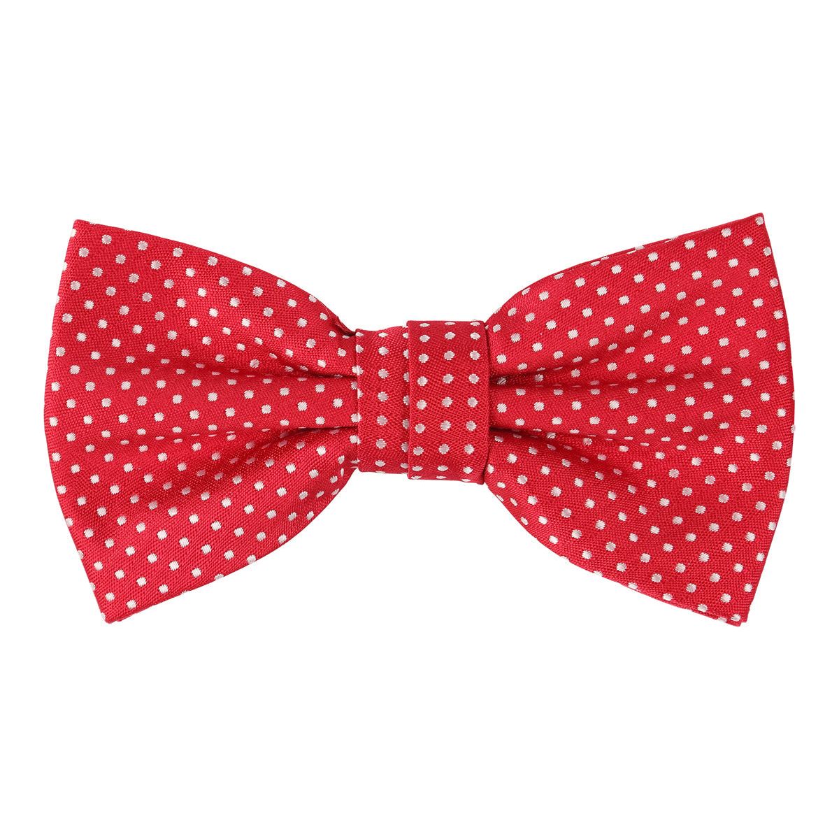 a red bow tie with small white woven spots all over