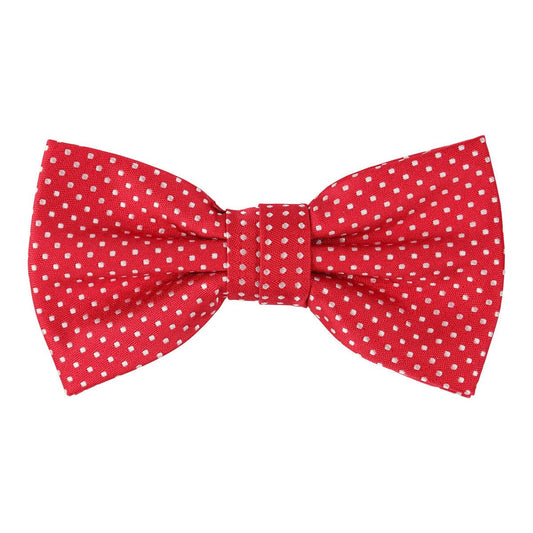 a red bow tie with small white woven spots all over