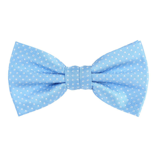 a sky blue bow tie with small white spotted print woven all over