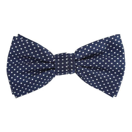 a pre tied navy bow tie with white spotted design
