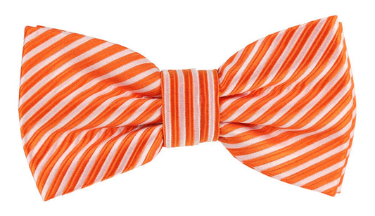 an orange and white diagonal striped bow tie