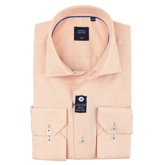 Soft Orange Cotton Rich Textured Weave Slim Fit Long Sleeve Shirt