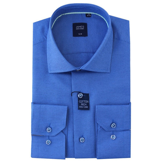 Royal Blue Cotton Rich Textured Weave Slim Fit Long Sleeve Shirt