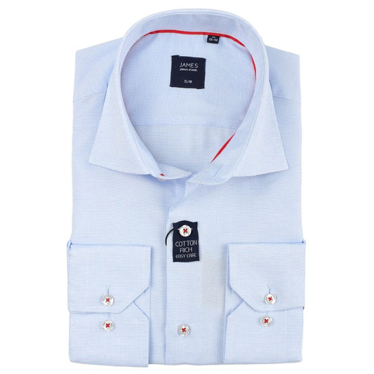 Sky Blue Cotton Rich Textured Weave Slim Fit Long Sleeve Shirt
