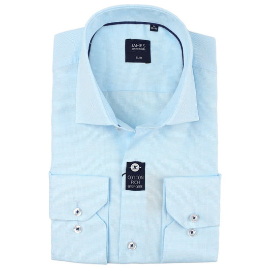 Turquoise Cotton Rich Textured Weave Slim Fit Long Sleeve Shirt