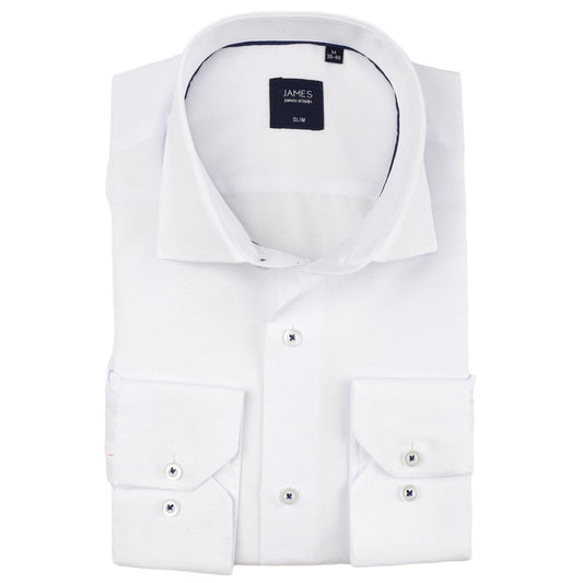 White Cotton Rich Textured Weave Slim Fit Long Sleeve Shirt