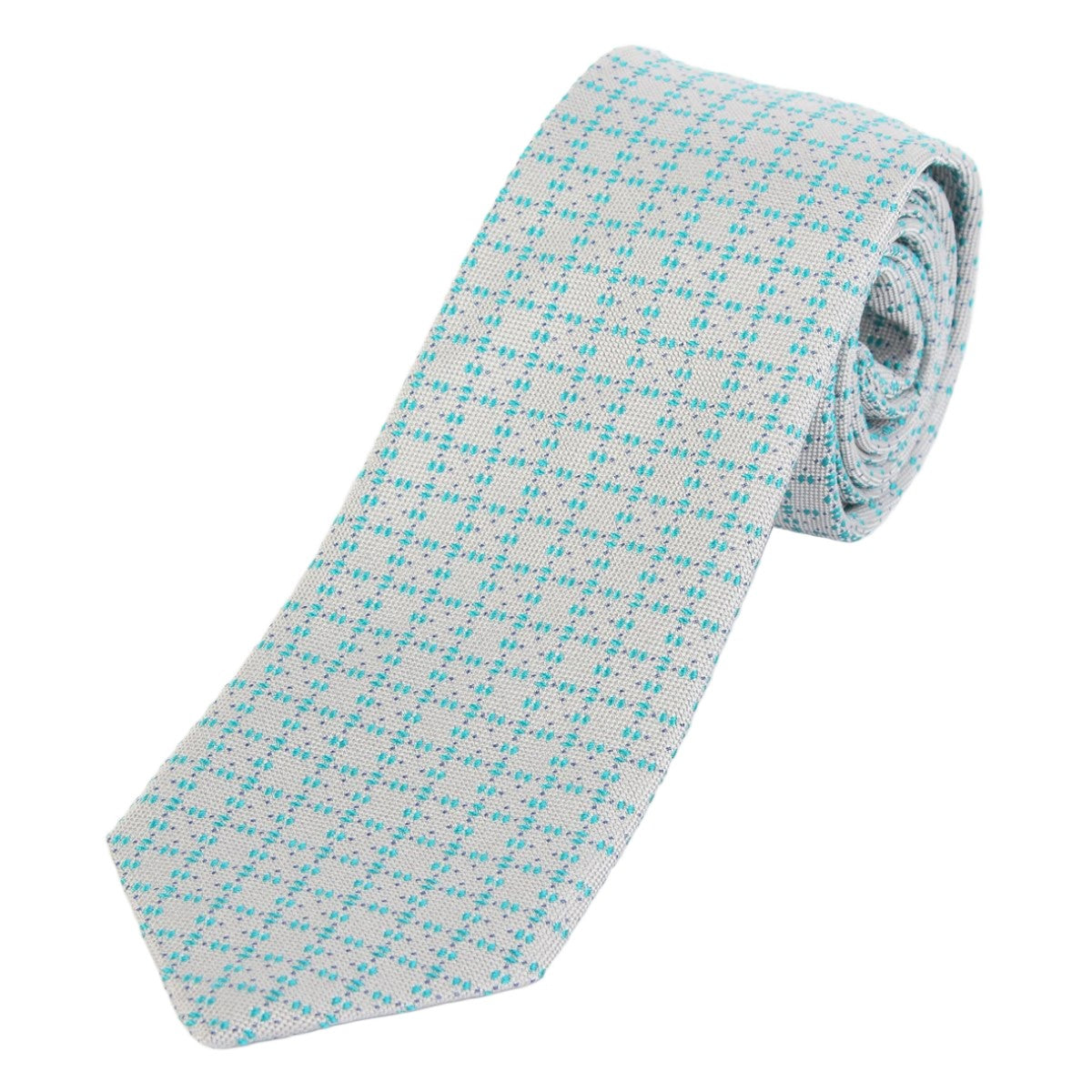 Silver/Turquoise Mens Italian Textured Check Silk Neck Tie