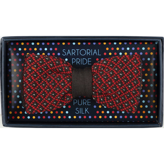 Brown/Red Spotted Check Mens Italian Knitted Bow Tie