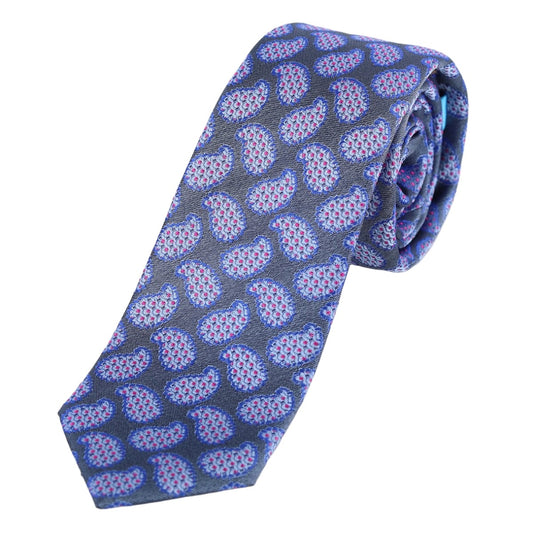 Slate Blue Mens Silk Neck Tie in Paisley Weave Design