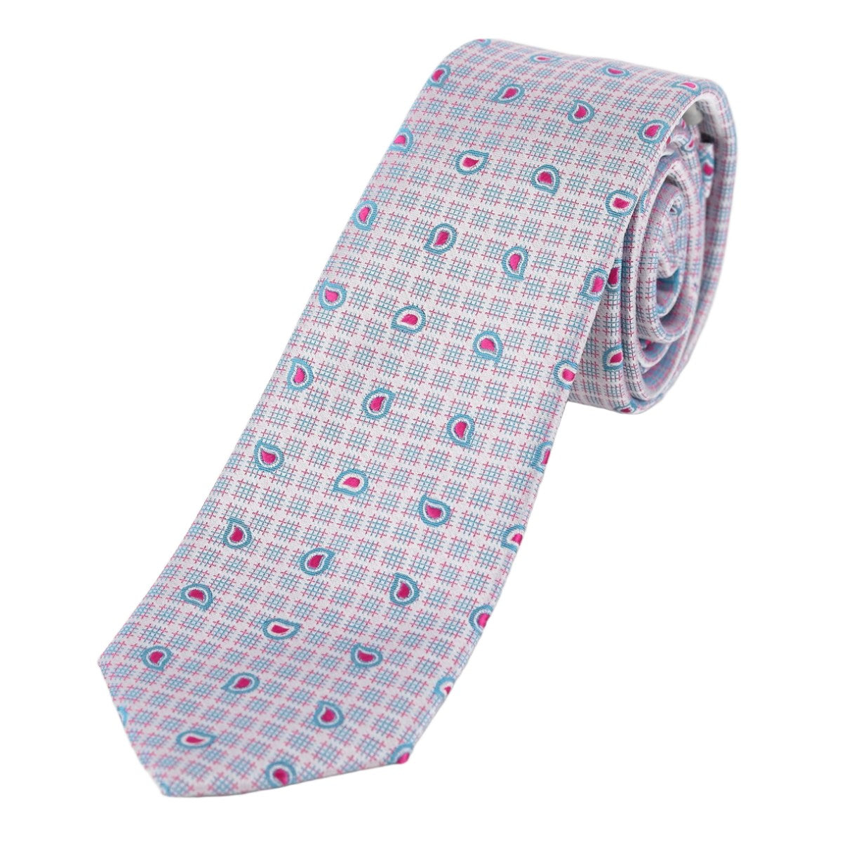 Silver/Turquoise/Magenta Paisley Check Mens Silk Neck Tie