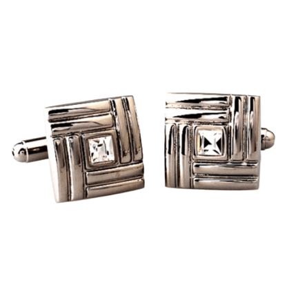 Silver Geometric Crystal Square Cuff Links