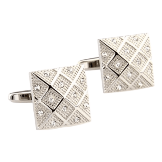 Silver Crystal Square Grid Cuff Links