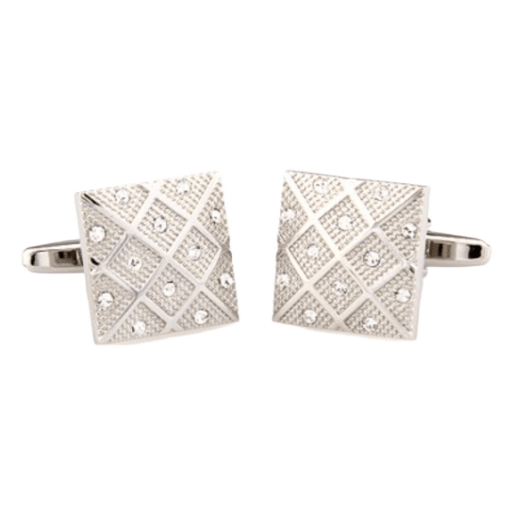 Silver Crystal Square Grid Cuff Links