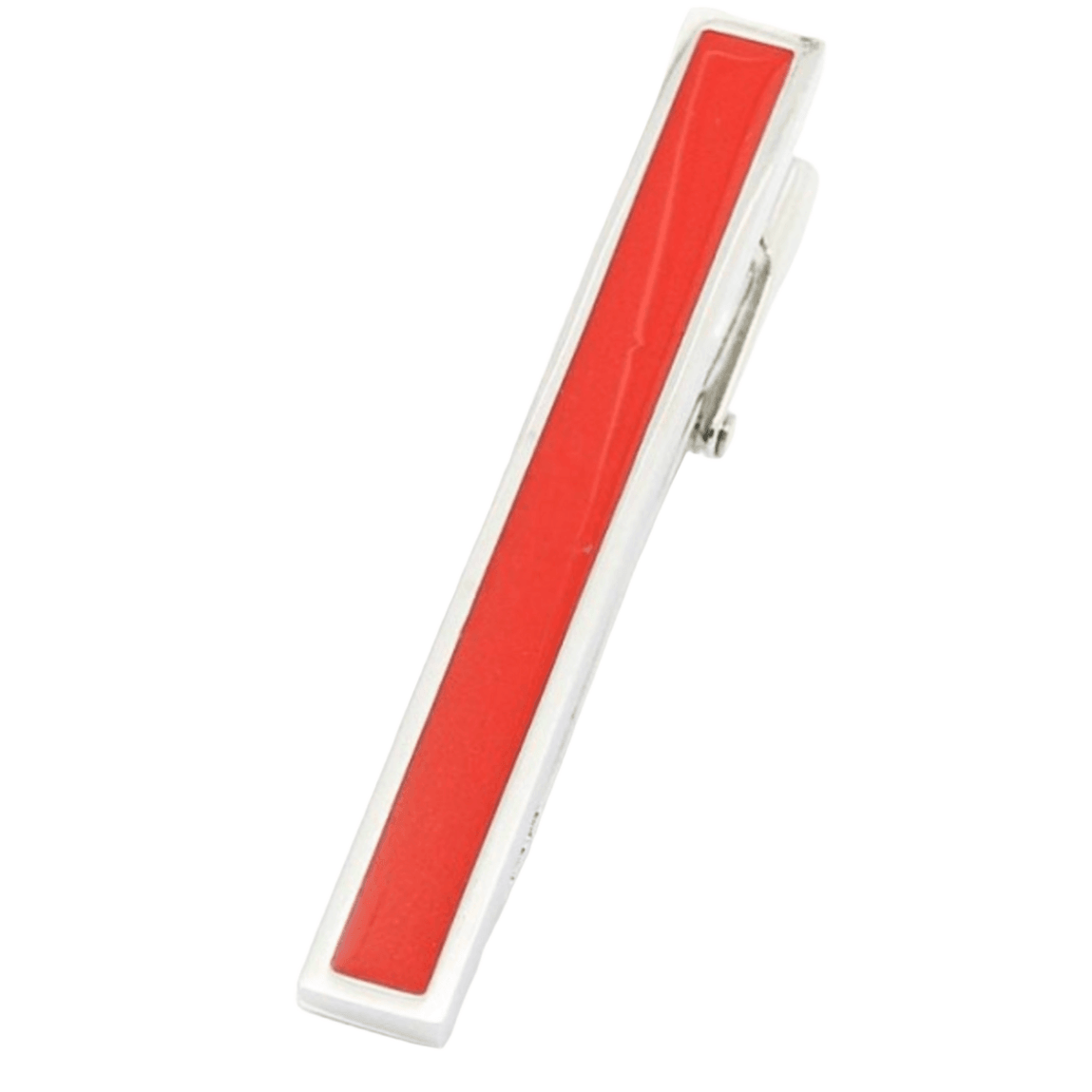 a red tie clip with silver border and clip